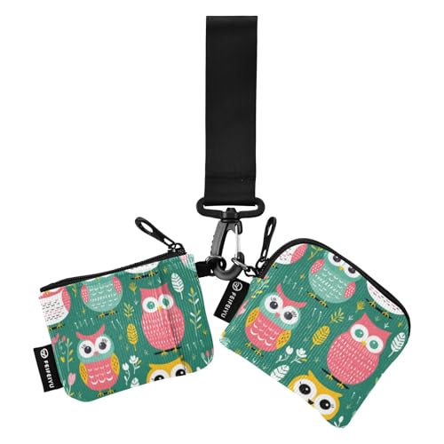 Cute Bird Owls with Floral Green Mini Zip Around Wristlet Wallets with Detachable Women Dual Pouch
