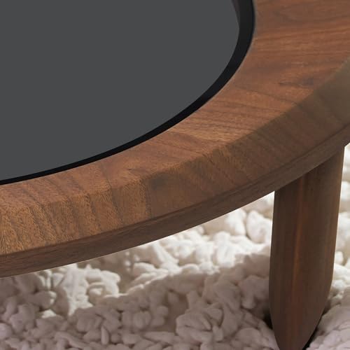 Image of The Attic Orion Walnut Coffee Table | Contemporary Round Wood Table with Glass Center | Chic Minimalist Centerpiece for Modern Living Rooms