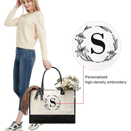 Image of BeeGreen Embroidery Monogram Initial Tote Bag Gift for Women Teacher Mom Friend Personalized Gift for Birthday Beach