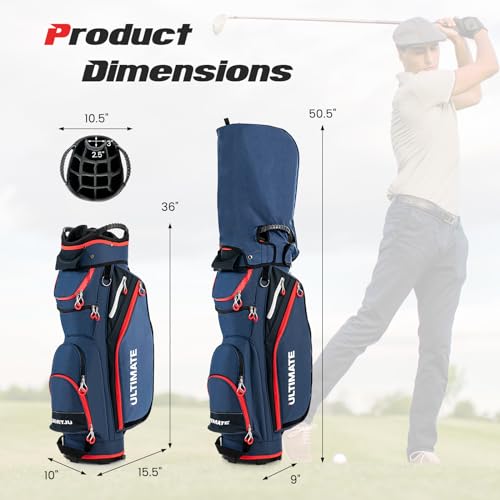 ULTIMATE Golf Cart Bag, 14 Way Top Dividers Golf Carry Bag w/Pockets & Umbrella Holder, Portable Golf Club Bag w/Soft Shoulder Strap & Rain Hood, Lightweight Golf Bag for Women & Men (Navy+Red)