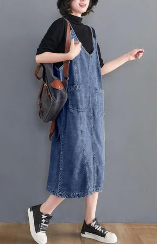 Image of ebossy Women's Sleeveless V Neck Denim Overall Jumper Dress Casual Loose Double Spaghetti Straps Midi Jean Dress