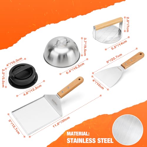 Onlyfire Smash Burger Set, 6-Teilig Grillwerkzeug Set, inkl. Runder Burgerpresse, 2 Grillspachtel, Pattypresse, 2 Burgerglocken, BBQ Grillbesteck Set für Plancha, Grillplatte, Gasgrill oder Grill