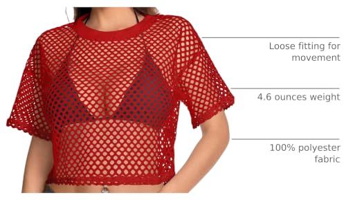 Image of Women's Mesh Top Fishnet T Shirts Sheer Loose Short Sleeve See Through Crop Tops