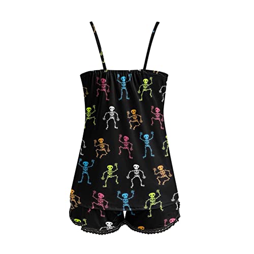 Womens Halloween Sexy Camisole Printing Shorts 2 Piece Set Sleepwear Lace Backless Trim Pajama Shorts Womens Black #TOP3