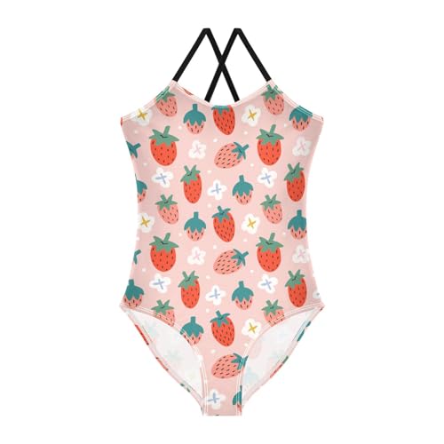 Bolaz Girls Swimsuits One-Piece Bathing Suits Multicolor Kids Sport Summer Beach Swimwear for 3-10 Years Old-Pink Strawberry and White Flower
