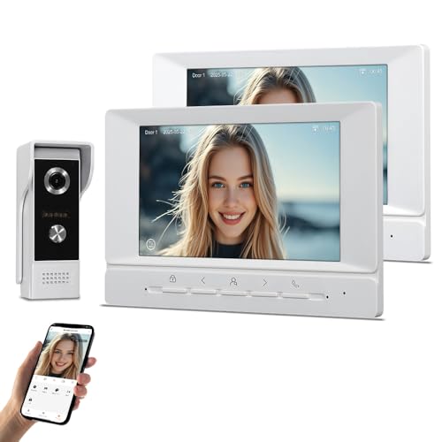 QttyElok Kit Videoportero WiFi Tuya 1080P HD Timbre con Cámara, Sistema de Intercomunicación con 2 Monitores 7 zoll Pantallas de Color, Visión Nocturna IR, Audio Bidireccional, Grabación