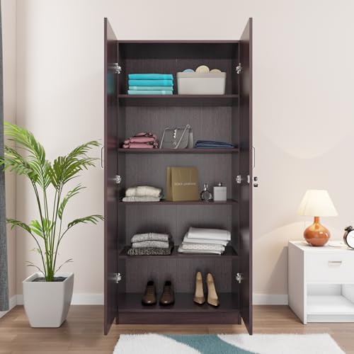 Image of VIKI Wardrobe | Shirakawa Wardrobe | Wooden Almirah for 2 Door Wardrobe with 4 Shelves with Mirror (Dark Wenge - 40D x 80W x 180.8H) | 1 Year Warranty | Free Assembly
