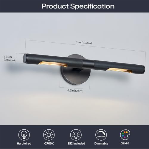 Image of 19 inch L Picture Light Dimmable Vanity Bathroom Light Rotatable 360 Wall Sconce Lights for Pictures Art Gallery Painting Frame,Include Bulbs,Black 19 inch L x 1.38 inch D