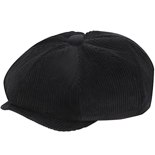 8 Panel Newsboy Cap for Men Beret Hat Black Newsboy Hat Vintage Beret Cap Men Corduroy Hats for Women Men Gorras para Hombres (US Alpha Large Black)