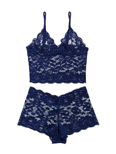 Image of Lilosy Sexy Sheer Floral Lace Pajamas Lingerie Set High Waist Sleepwear Bra and Panty 2 Piece Nightwear