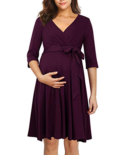 KOJOOIN Vestido de Maternidad para Mujer Delgado con Cuello en V Elegante Vestido de Lactancia Vestidos Premama Verano Casuales para Embarazadas Morado Vivo（Manga 3/4） XXL