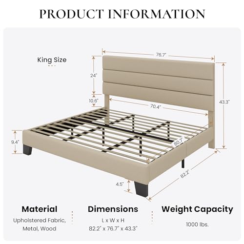 image for SHA CERLIN King Platform Bed Frame with Upholstered Fabric Headboard, 