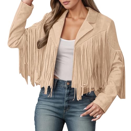 JiXiang Suede Jacket Women Faux Leather Long Sleeve Western Fringe Tops Lightweight Motorcycle Open Front Tassel Crop Jackets