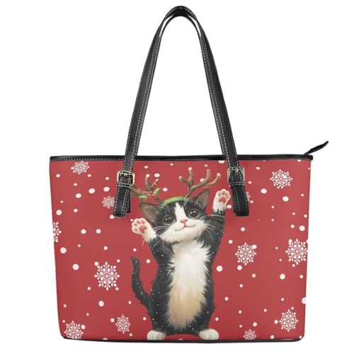 Image of Coldinair Christmas Leather Tote Bag for Women with Zipper Large Shoulder Tote Bag Shopping Casual Travel Bag Handbag Purse