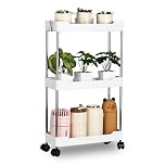 3 Tier Slim Storage Trolley Slide Out Rolling Utility Shelf Rack Storage Cart on Wheels Mobile Shelving Space Organizer with Hook for Small Narrow Spaces Kitchen/Bathroom/Laundry Room/Office ,Plastic