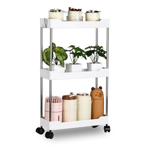 3 Tier Slim Storage Trolley Slide Out Rolling Utility Shelf Rack Storage Cart on Wheels Mobile Shelving Space Organizer with Hook for Small Narrow Spaces Kitchen/Bathroom/Laundry Room/Office,Plastic