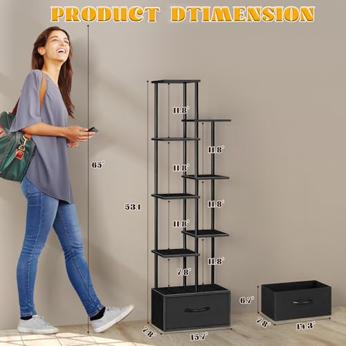 Vrisa Bookshelf with Fabric Drawer 7 Tier Bookcase with Storage 53\" Tall Narrow Industrial Book Shelf Open Freestanding Shelf Organizer Unit for Living Room, Bedroom, Home Office, Black - Thumbnail 2