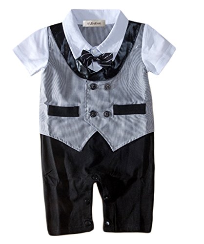 stylesilove Infant Toddler Baby Boy Glossy Lapel Double Breasted Tuxedo Onesie (95/18-24 Months, Grey)