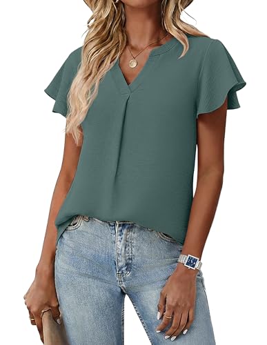 Womens Spring Tops Summer Dressy Casual Cute V Neck Ruffle Sleeve Blouses Flowy Shirts Casual Outfits