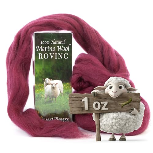 Image of Desert Breeze Distributing 100% Natural Merino Wool Roving - Premium Combed Top Merino Roving Wool - Tapestry, Spinning, Wet Felting & Needle Felting Supplies - 21.5 Micron - 1 oz, Color Ruby Red