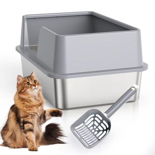 ORCHID M Stainless Steel Cat Litter Box with Lid Large Litter Box for Big Cats Half-Enclosed Metal Litter Box with Hood and Scoop Easy to Clean Non-Sticky Anti-Leakage (grey-2)