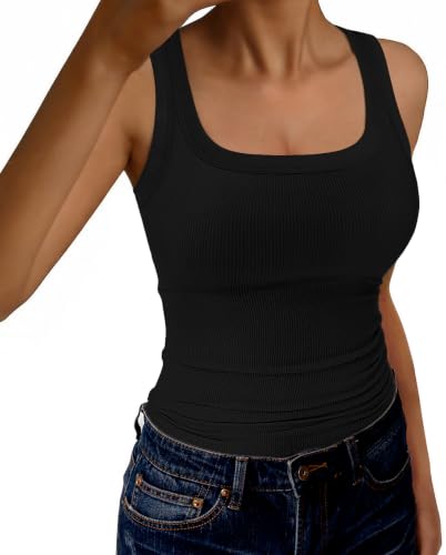 GKBK Womens Tank Tops Scoop Neck Sleeveless Ribbed Tank Summer Basic Thick Strap Slim Fitted Racerback Tops Black M