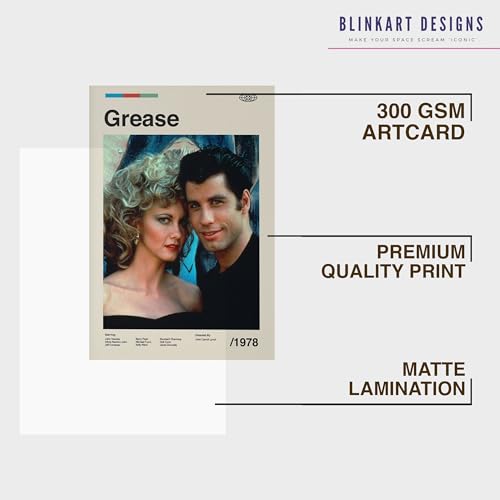 Image of BLINKART Grease (1978) Movie Poster Frame 12x18 Inch | Premium 300 GSM Paper Wall Print | Mid Century Vintage Film Artwork for Home, Bedroom, Living Room, Office | Framed Photo Decor