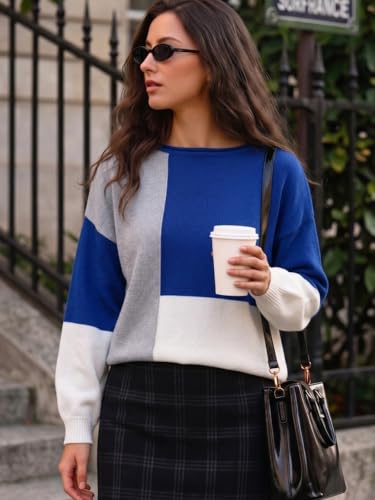 Image of ECOWISH Women Sweater Long Sleeve Color Block Knit Pullover Sweaters Crew Neck Patchwork Casual Loose Jumper Tops