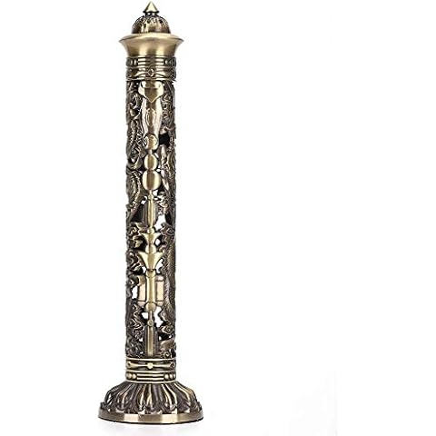 Incense Tower Burner, Incense Stick Holder Bronze Tone Dragon Phoenix Relief Craft Ornaments Tea Room Decoration Height 28.3cm Base 8.5 x 7cm Cover