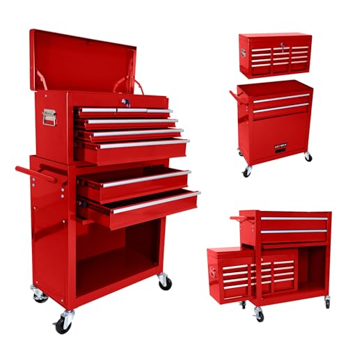 SumKea Tool Box with Wheels, 8 Drawer Rolling Tool Chest and 2 Lockers, Detachable Storage Cabinet Rolling Tool Box, Tool Box for Garage With 4 Wheels and Side Handles for Garage Workshop, Red