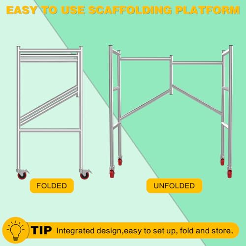 Image of Scaffolding Work Platform, Rolling Scaffolding with Wheels, Scaffold for Building Construction, Interior Painting, Home Improvement（47.2 inch Height, 500LBS Capacity, Silver)