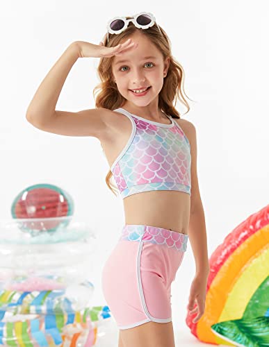 Grace Karin Girls 3Pcs Mermaid Swimsuit Long Sleeve Rashguard Swimwear Tankini Bathing Suit Pink 8Y #TOP2