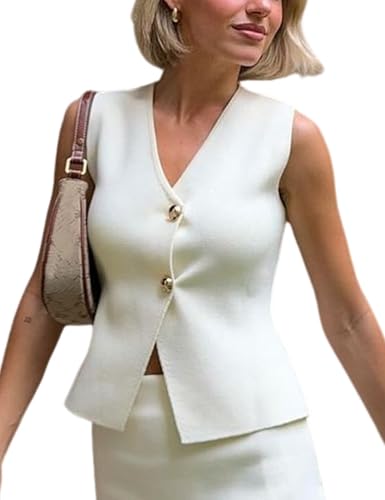 Arssm Womens Vest Top Trendy Sleeveless Cropped V Neck Knit Vest Button Down Knitwear Open Front Summer Tops Waistcoat