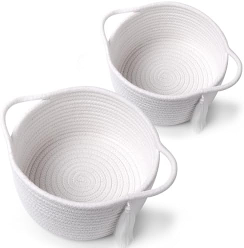 Small Cute Empty Gift Baskets to Fill, Mini Woven Storage Basket, SweetMemo Decorative Wicker Rope Organizing Bin for Desk Makeup Bathroom, Pre-Shaped, with Gifting Bags and Ribbon, 2 Pack，White