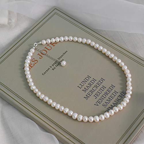 LOKILOKI 6-7mm Perle d'eau Douce Naturelle Collier Ras du Cou 925 Bijoux en Argent Sterling pour Les Femmes Cadeau Tendance Nouvelle Mode