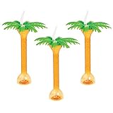 Fun Express Set of 6 Palm Tree Plastic Yard Glasses with Straws and Lid, Each Holds 16 oz, BPA Free Plastic, Tiki Topical Luau Party Supplies, Orange & Green