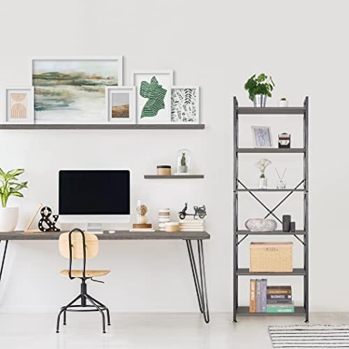LAVIEVERT 6 Tier Bookshelf Vintage Bookcase Shelf Organizer Rustic Wood and Metal Storage Rack for Home, Office, Garage, Kitchen, Living Room - Gray Oak
