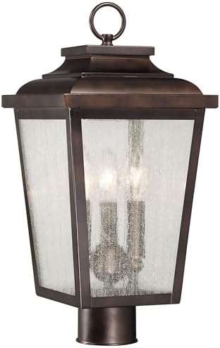 THE GREAT OUTDOORS Irvington Manor 3 Light Post Mount in Chelesa Bronze Finish with Clear Seeded Glass