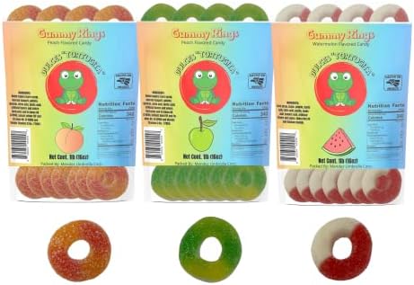 Peach Rings, Green Apple Rings, & Watermelon Rings Soft Gummy Candy, Sour and Sweet - 3 Pounds