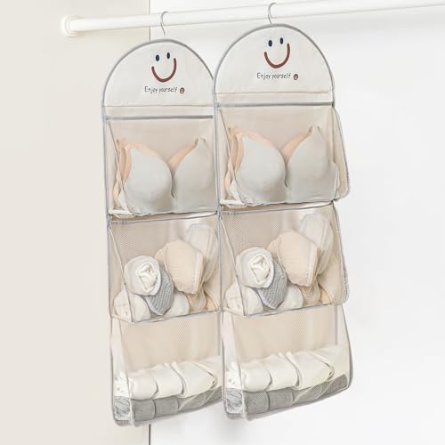 Swioled 下着収納 ウォールポケット 下着 収納 クローゼット 2個セット 吊り下げ収納 大容量 靴下 ネクタイ 衣類 階層式収納バッグ 水洗い可能 ウォールポケット 壁掛け 回転可能フック付き 折りたたみ 省スペース 3段 笑顔柄 グレー
