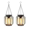 Solar Hanging Lanterns Outdoor: 2 Pack Metal Solar Hanging Lights with Hook, Bright - Warm Waterproof LED Lanterns for Outside, Classic Decorative Solar-Powered Light for Yard Garden Patio Porch Decor