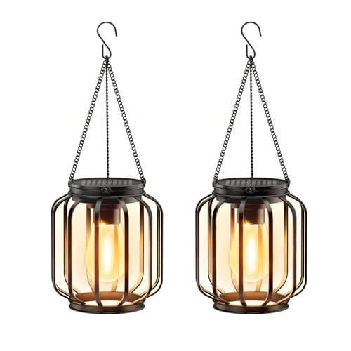 Solar Hanging Lanterns Outdoor: 2 Pack Metal Solar Hanging Lights with Hook, Bright - Warm Waterproof LED Lanterns for Outside, Classic Decorative Solar-Powered Light for Yard Garden Patio Porch Decor