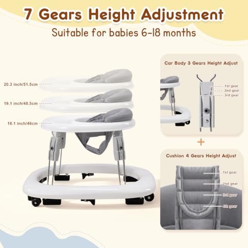 Image of Baby Walker with Wheels, One-Touch Foldable Walker & 7‑Level Height Adjust