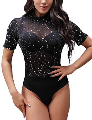 SEBOWEL Damen Body Sexy Bodysuit Sheer Mesh Kurzarm Bodysuit Tops Clubwear Schwarz M