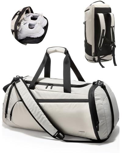 LUGGEX Travel Duffle Backpack with Shoe Compartment & Wet Pocket 40L Expandable Duffel Bag for Men Women Lightweight Water-Resistant Sports Gym Carry On Weekender Bag (TDX-Pro Ivory)
