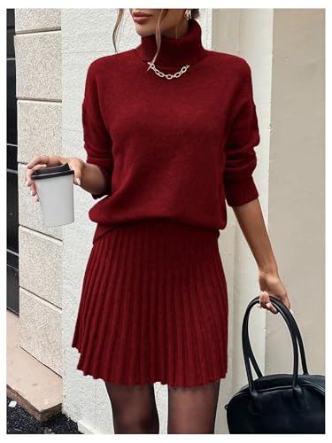 Image of MakeMeChic Women's Sweater Skirt Sets 2 Piece Outfits Ribbed Knit Mock Neck Sweater Pullovers A Line Mini Skirt Set S-Red Large