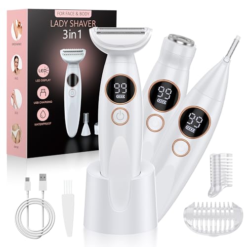 Bikini Trimmer Women, Waterproof 3-in-1 Lady Shavers for Women - Painless Electric Razor for Face, Body, Legs & Underarms with LED Battery Display, 120min Runtime, IPX7 Washable & USB Dock