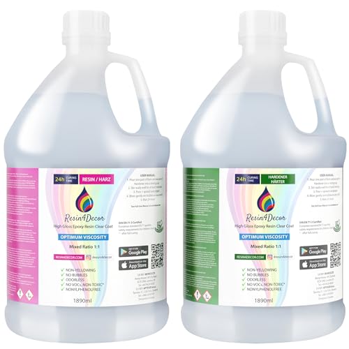 Resina Epoxi Transparente RESIN4DECOR 1:1 Para Manualidades Artesanía Fabricación de Joyas Moldes No es Amarillento No es Tóxico Acabado de Alto Brillo de Curado de 24 horas Inodoro - 3780ml