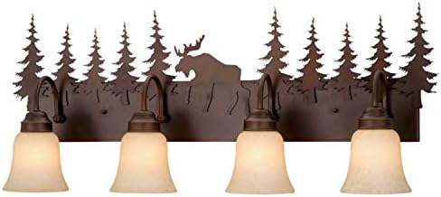 VAXCEL Yellowstone 4-Light 33 inch Wide Burnished Bronze Rustic Cabin Bathroom Vanity Lighting Fixture, Amber Flake Glass Shade Moose and Trees Dimmable LED Compatible Over The Mirror Wall Mounted