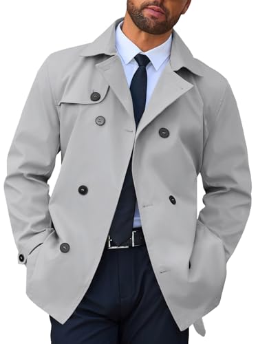 Image of Runcati Mens Trench Coat Double Breasted Notched Lapel Jacket Casual Belted Windbreaker Overcoat